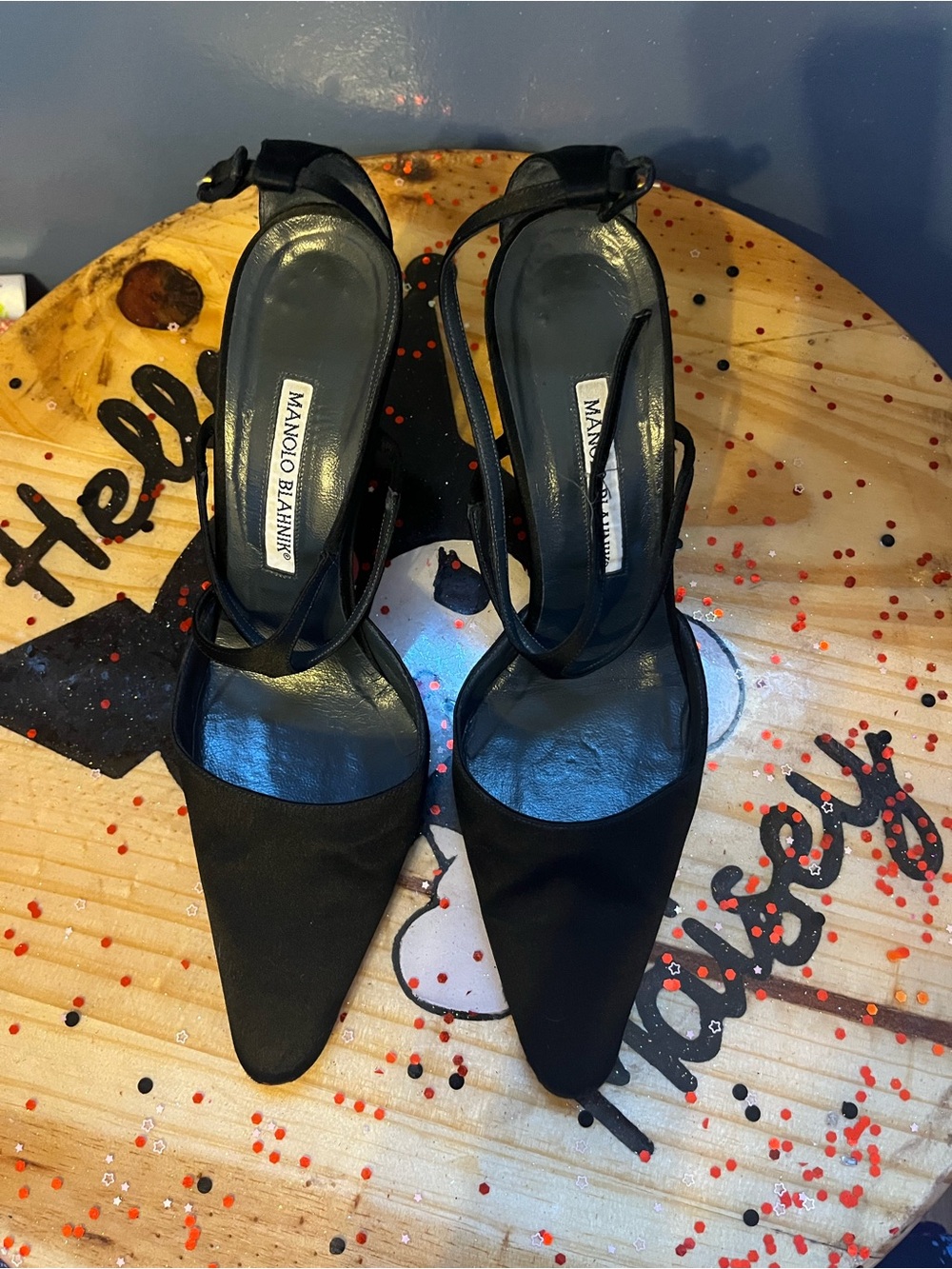 Sz 38 1/2 Manolo Blahnik Black Pointed Slingback Pumps with Slim Straps Heels